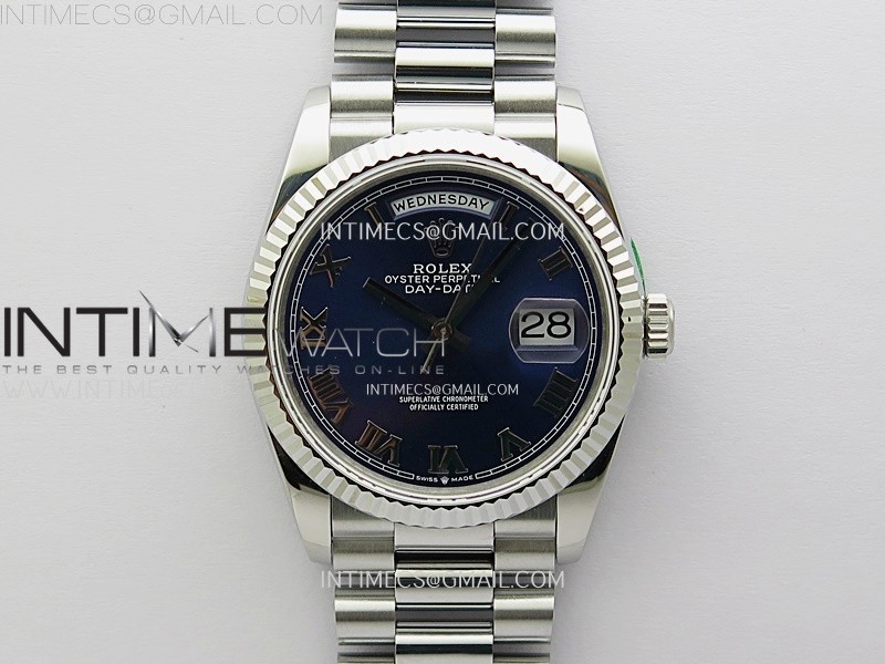 Day Date 128239 Gain Weight SS QF 1:1 Best Edition Blue Dial Roman Markers on SS President Bracelet