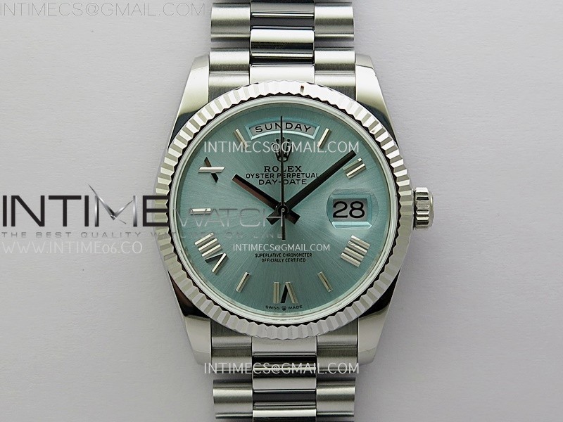 Day Date 128239 Gain Weight SS QF 1:1 Best Edition Ice Blue Dial Roman Markers on SS President Bracelet