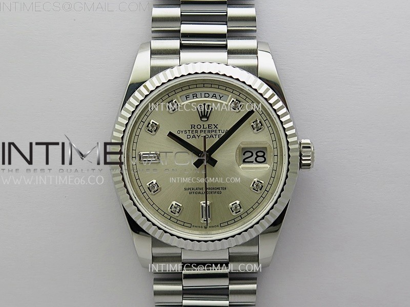 Day Date 128239 Gain Weight SS QF 1:1 Best Edition Silver Dial Diamond Markers on SS President Bracelet