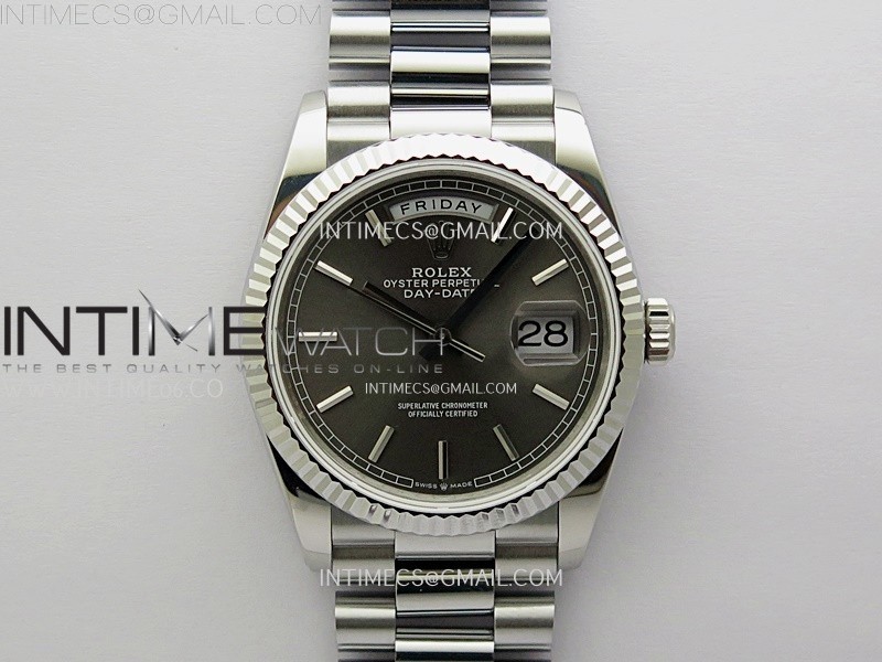 Day Date 128239 Gain Weight SS QF 1:1 Best Edition Gray Dial Stick Markers on SS President Bracelet