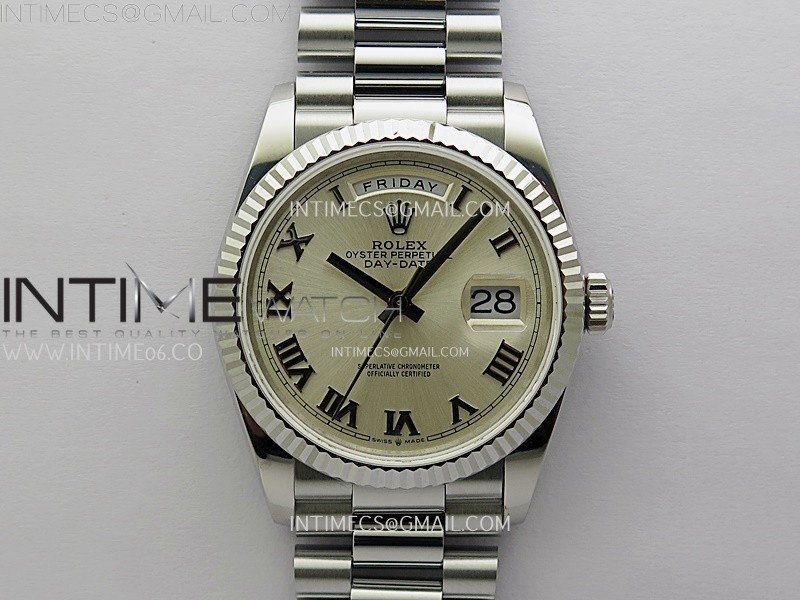 Day Date 128239 Gain Weight SS QF 1:1 Best Edition Silver Dial Roman Markers on SS President Bracelet
