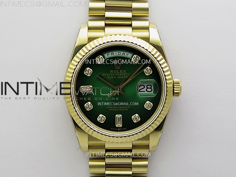 Day Date 128238 Gain Weight YG QF 1:1 Best Edition Green Dial Diamond Markers on YG President Bracelet