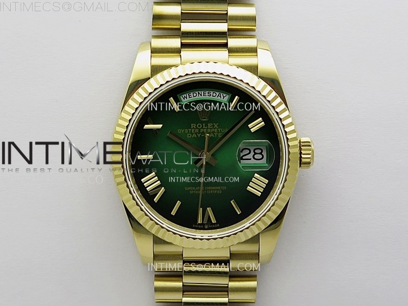 Day Date 128238 Gain Weight YG QF 1:1 Best Edition Green Dial Roman Markers on YG President Bracelet