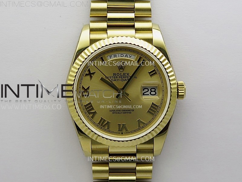 Day Date 128238 Gain Weight YG QF 1:1 Best Edition Gold Dial Roman Markers on YG President Bracelet