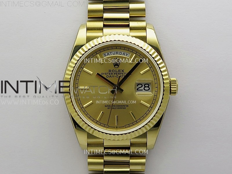 Day Date 128238 Gain Weight YG QF 1:1 Best Edition Gold Dial Stick Markers on YG President Bracelet