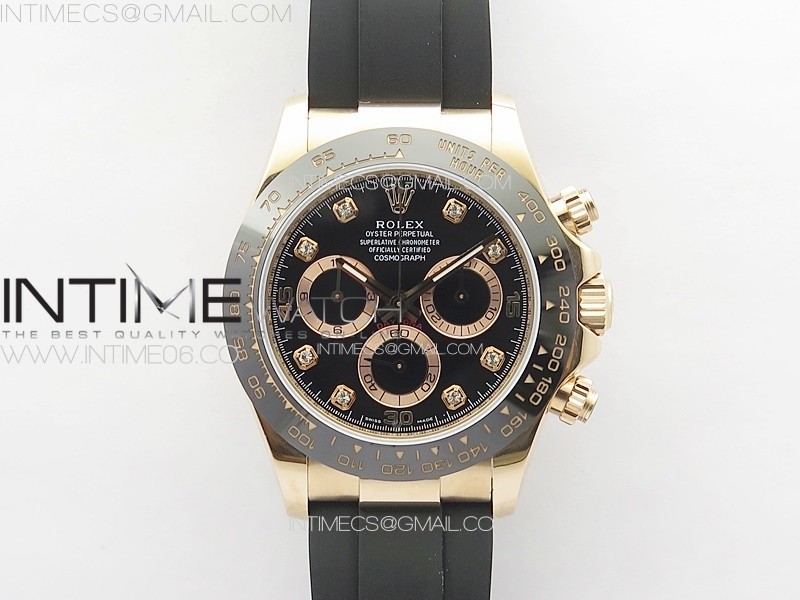Daytona 116518LN RG APSF Black Dial Crystal Markers On Rubber Strap Slim A7750