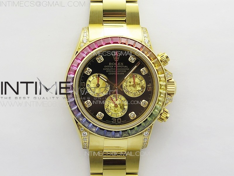 Daytona 116589RBOW YG Rainbow Crystal APSF Best Edition Black Dial on SS Bracelet A7750