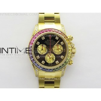 Daytona 116589RBOW YG Rainbow Crystal APSF Best Edition Black Dial on SS Bracelet A7750