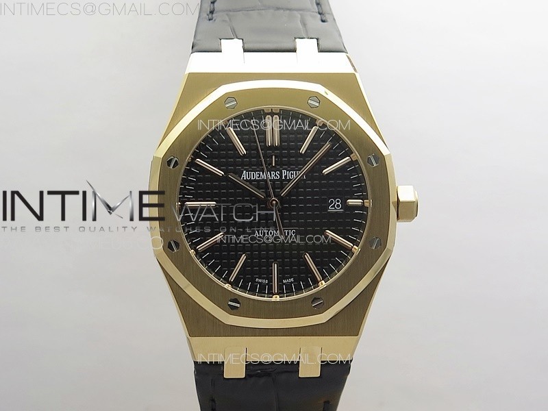 Royal Oak 41mm 15400 RG APSF 1:1 Best Edition Black Textured Dial on Black Leather Strap A3120 Super Clone V3