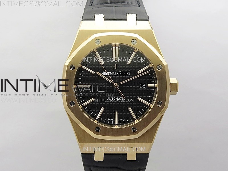 Royal Oak 41mm 15400 RG APSF 1:1 Best Edition Black Dial on Black Leather Strap SA3120 Super Clone V4 (Gain Weight)