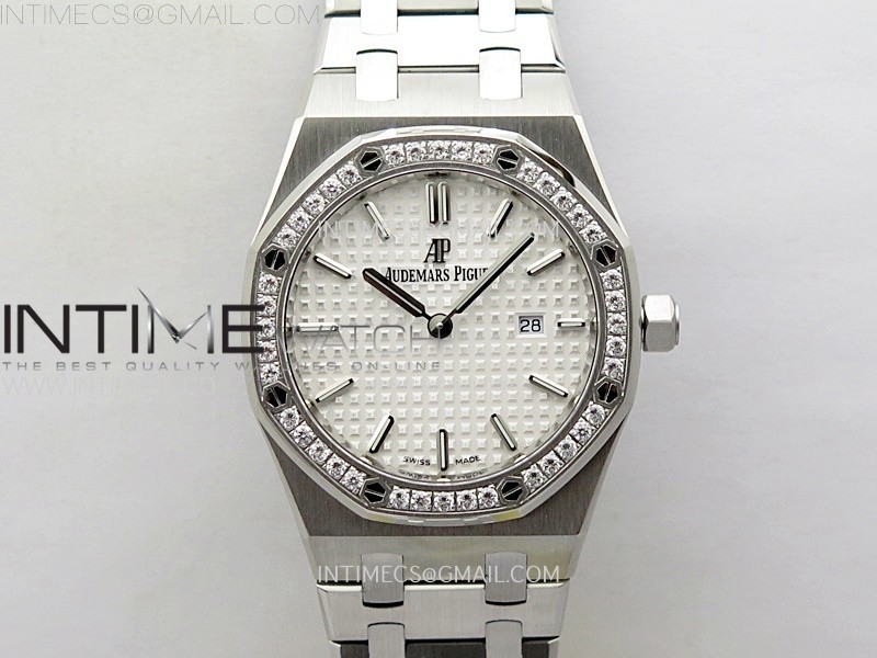 Lady Royal Oak 33mm 67651 Diamonds SS ZF 1:1 Best Edition White Textured Dial on SS Bracelet RONDA Quartz