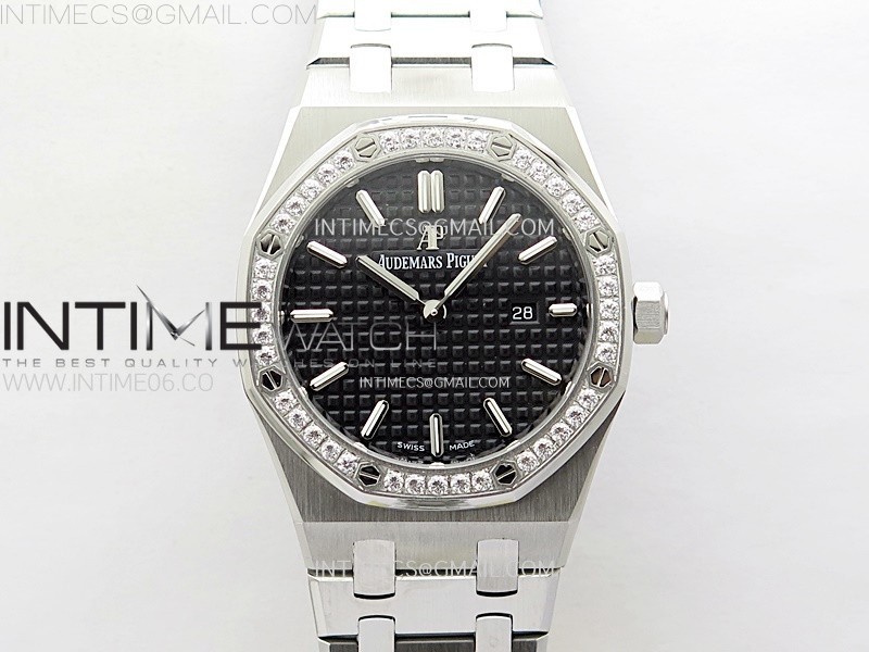 Lady Royal Oak 33mm 67651 Diamonds SS ZF 1:1 Best Edition Black Textured Dial on SS Bracelet RONDA Quartz