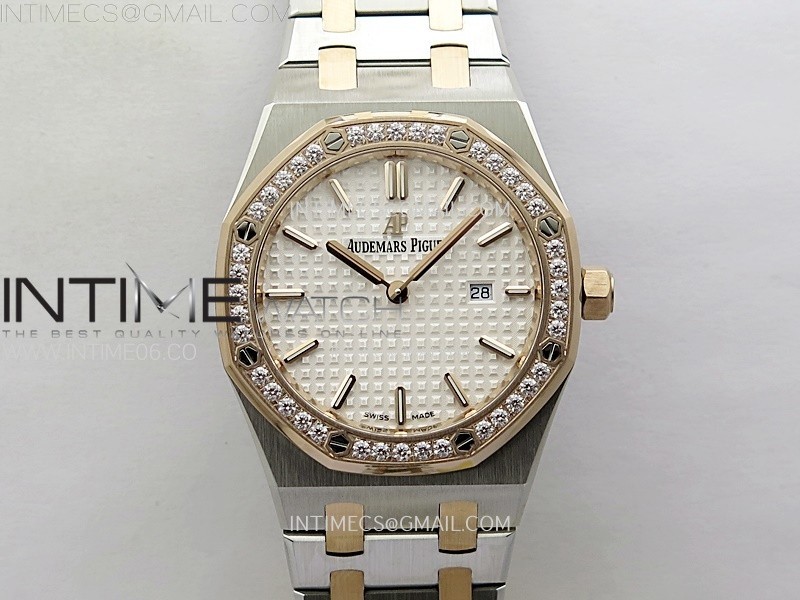Lady Royal Oak 33mm 67651 Diamonds bezel SS/RG ZF 1:1 Best Edition White Textured Dial on SS Bracelet RONDA Quartz