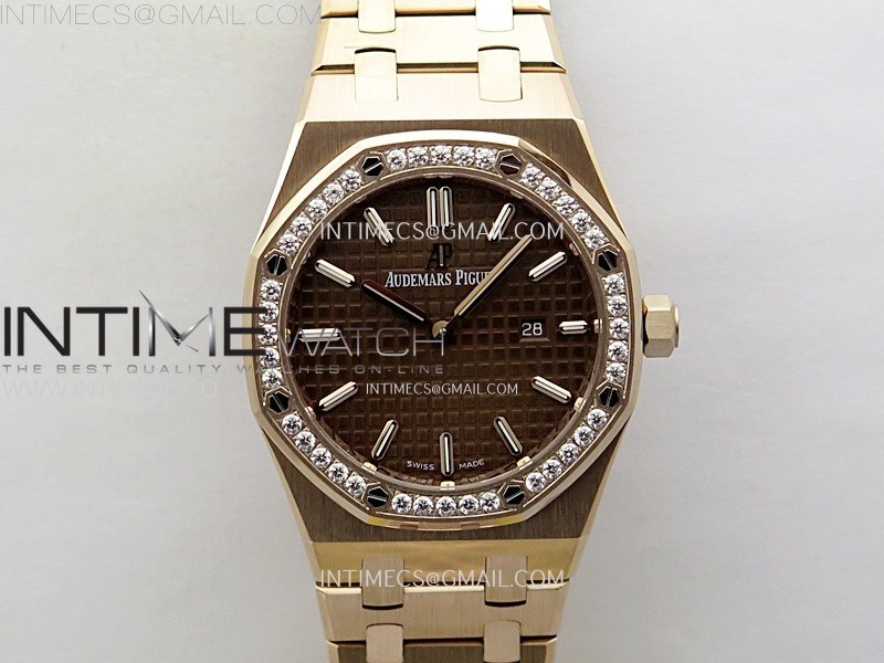 Lady Royal Oak 33mm 67651 Diamonds Bezel RG ZF 1:1 Best Edition Brown Textured Dial on RG Bracelet RONDA Quartz