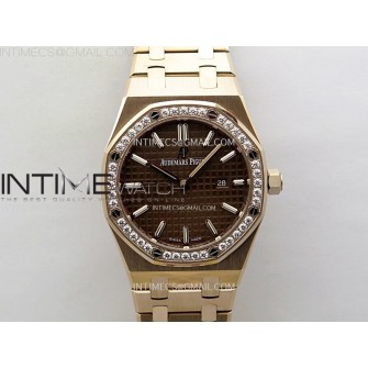 Lady Royal Oak 33mm 67651 Diamonds Bezel RG ZF 1:1 Best Edition Brown Textured Dial on RG Bracelet RONDA Quartz