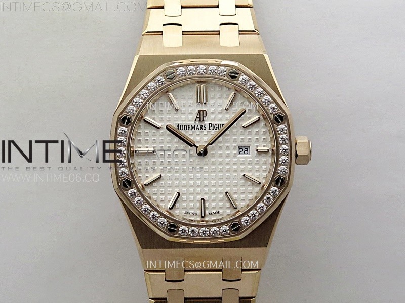 Lady Royal Oak 33mm 67651 Diamonds Bezel RG ZF 1:1 Best Edition White Textured Dial on RG Bracelet RONDA Quartz