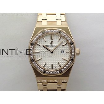 Lady Royal Oak 33mm 67651 Diamonds Bezel RG ZF 1:1 Best Edition White Textured Dial on RG Bracelet RONDA Quartz