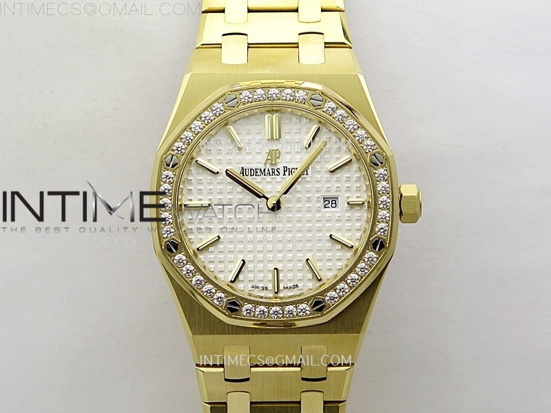 Lady Royal Oak 33mm 67651 Diamonds Bezel YG ZF 1:1 Best Edition White Textured Dial on YG Bracelet RONDA Quartz