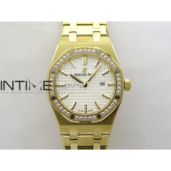Lady Royal Oak 33mm 67651 Diamonds Bezel YG ZF 1:1 Best Edition White Textured Dial on YG Bracelet RONDA Quartz