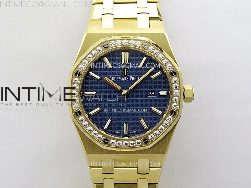 Lady Royal Oak 33mm 67651 Diamonds Bezel YG ZF 1:1 Best Edition Blue Textured Dial on YG Bracelet RONDA Quartz
