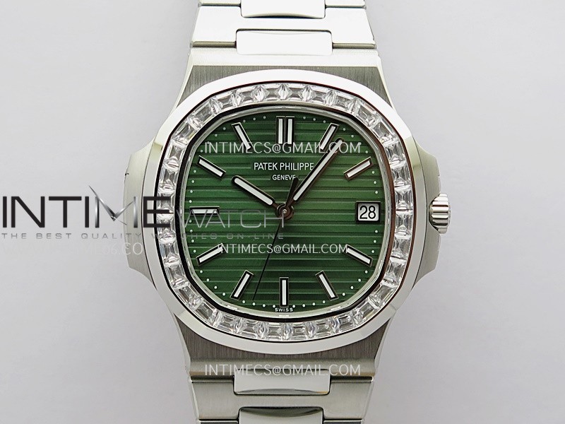 Nautilus 5711/1A 3KF 1:1 Best Edition Diamonds Bezel Green Textured Dial on SS Bracelet A324 Super Clone V2