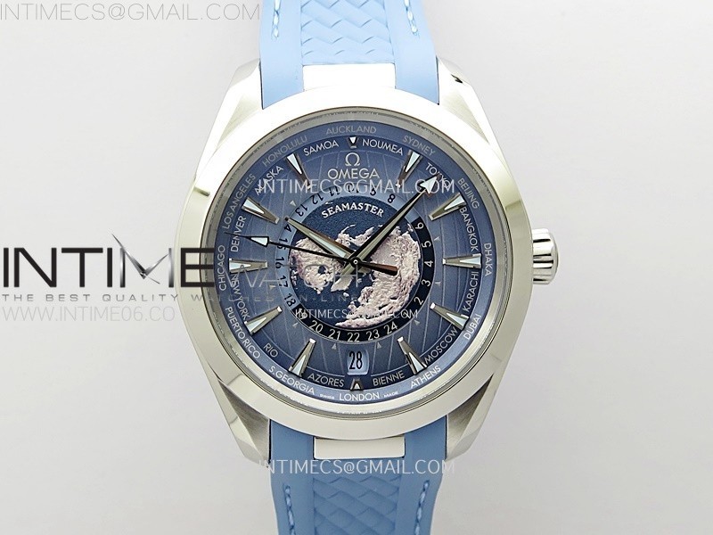Aqua Terra GMT Worldtimer 43mm VSF 1:1 Best Edition Summer Blue Dial on Blue Rubber Strap A8938 Super Clone
