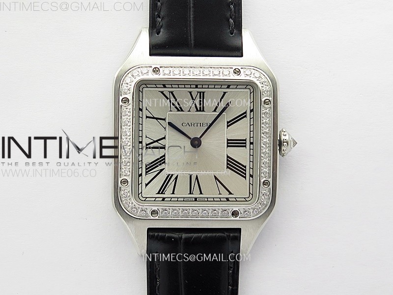 Santos Dumont 43.5mm SS/Diamonds Bezel F1F Best Edition Silver Dial on Black Leather Strap Quartz