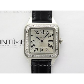 Santos Dumont 43.5mm SS/Diamonds Bezel F1F Best Edition Silver Dial on Black Leather Strap Quartz