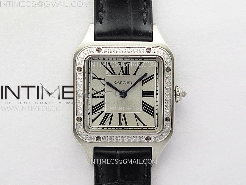 Santos Dumont 38mm SS/Diamonds Bezel F1F Best Edition Silver Dial on Black Leather Strap Quartz
