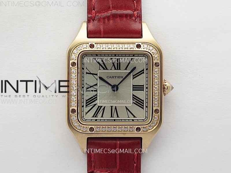 Santos Dumont 38mm RG/Diamonds Bezel F1F Best Edition Silver Dial on Red Leather Strap Quartz