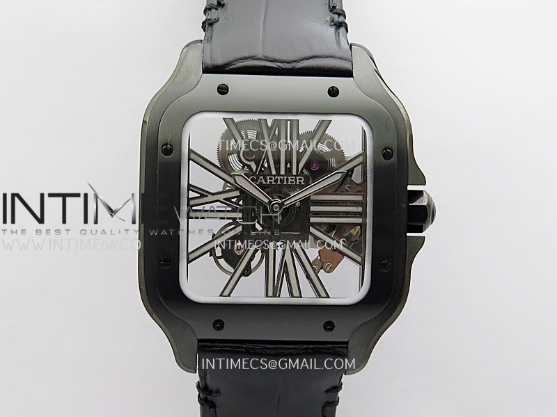 Santos de Cartier Skeleton PVD MLF Best Edition Skeleton Dial On Black Leather Strap Super Clone 9612MC