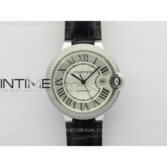 Ballon Bleu 42mm Diamonds Bezel SS 3KF 1:1 Best Edition White Texture Dial on Black Leather Strap A2824