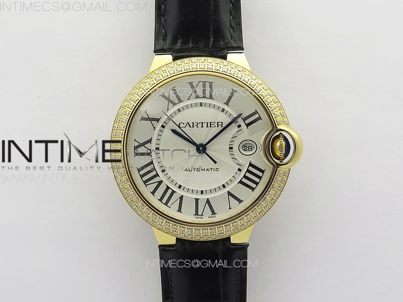 Ballon Bleu 42mm Double Diamonds Bezel RG 3KF 1:1 Best Edition White Texture Dial on Black Leather Strap A2824