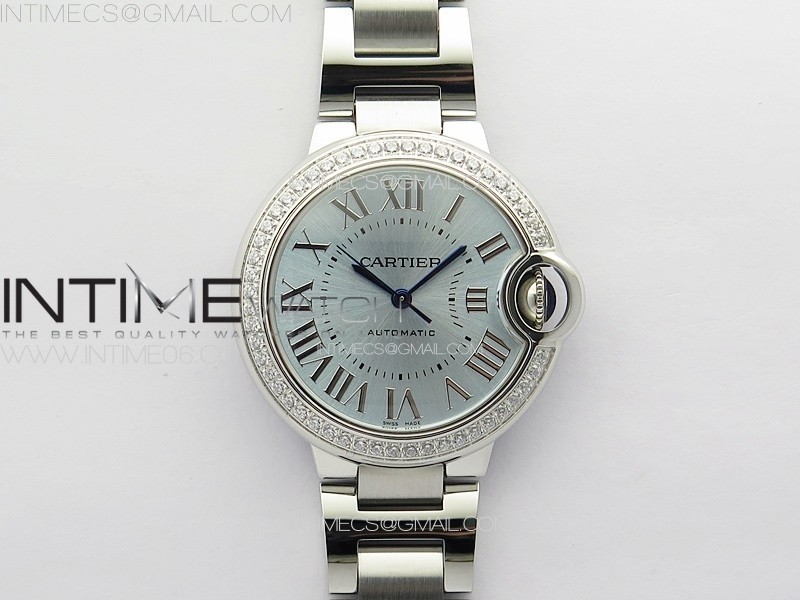 Ballon Bleu 33mm Diamonds Bezel SS 3KF 1:1 Best Edition Ice Blue Dial on SS Bracelet A076