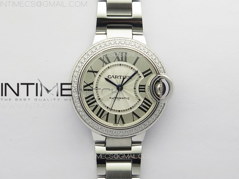 Ballon Bleu 33mm Diamonds Bezel SS 3KF 1:1 Best Edition White Textured Dial on SS Bracelet A076