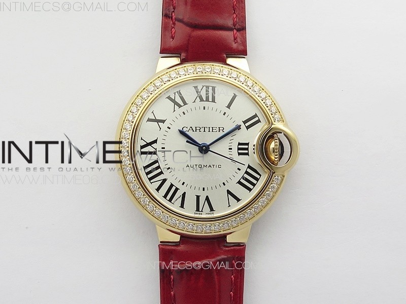 Ballon Bleu 33mm Diamonds Bezel RG 3KF 1:1 Best Edition White Dial on Red Leather Strap A076