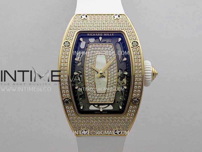 RM07 Full Paved Diamond RG ZF Best Edition White Diamond Skeleton Dial On White Rubber Strap Asian CRMA2 Clone