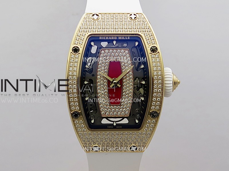 RM07 Full Paved Diamond RG ZF Best Edition Red Diamond Skeleton Dial On White Rubber Strap Asian CRMA2 Clone