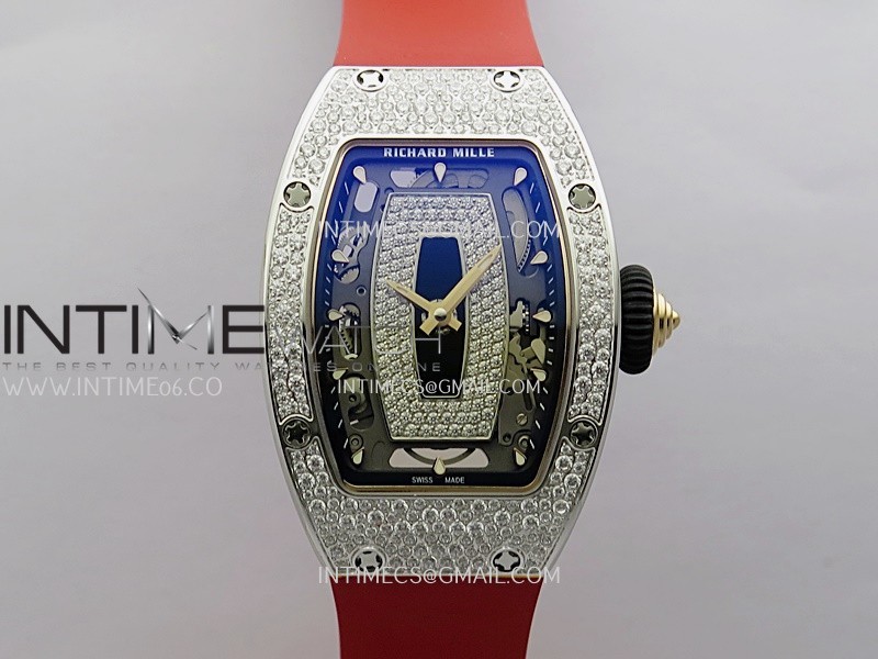 RM07 Paved Snowflake Cut Diamonds SS ZF Best Edition Red MOP Diamond Skeleton Dial On Red Rubber Strap Asian CRMA2 Clone