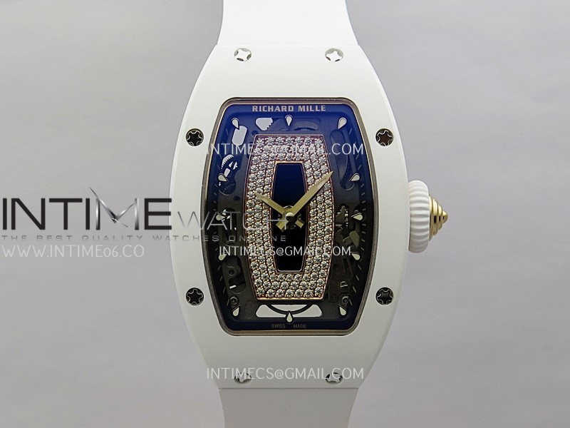 RM07 Real White Ceramic RG ZF Best Edition Black MOP Diamond Skeleton Dial On White Rubber Strap Asian CRMA2 Clone