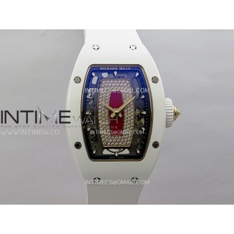 RM07 Real White Ceramic Bezel RG ZF Best Edition Red MOP Diamond Skeleton Dial On White Rubber Strap Asian CRMA2 Clone