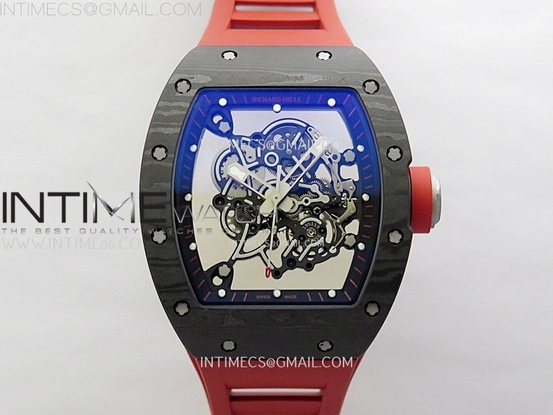 RM055 Black Carbon Bezel Black Crown NTPT/Ti ZF 1:1 Best Edition on Red Rubber Strap RMUL2 Super Clone