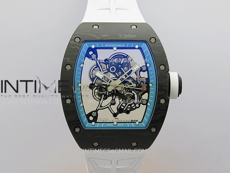 RM055 Blue Inner Bezel White Crown NTPT ZF 1:1 Best Edition Skeleton On White Shark Rubber Strap RMUL2 Super Clone