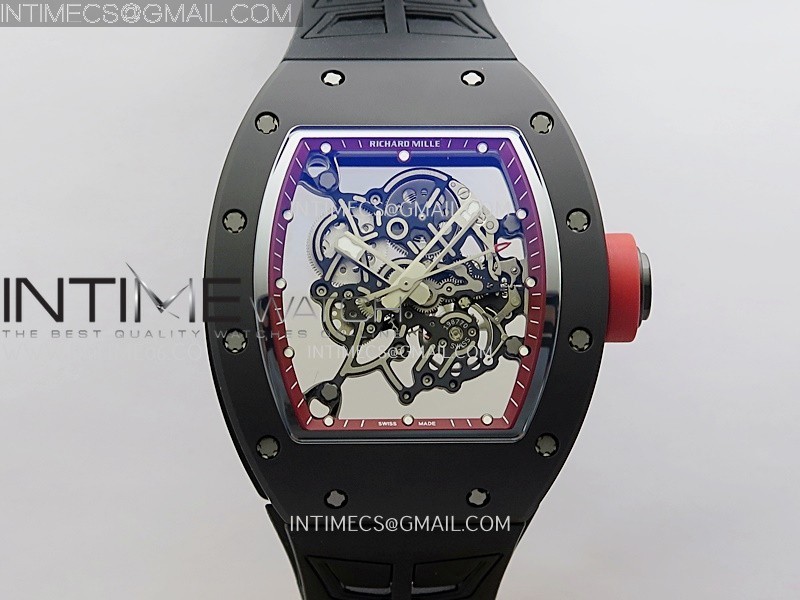 RM055 Red Crown Red Inner Black Ceramic ZF 1:1 Best Edition Skeleton Dial On Black Rubber Strap RMUL2 Super Clone